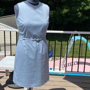 Sky blue form flattering belted lined dress with back kick size14